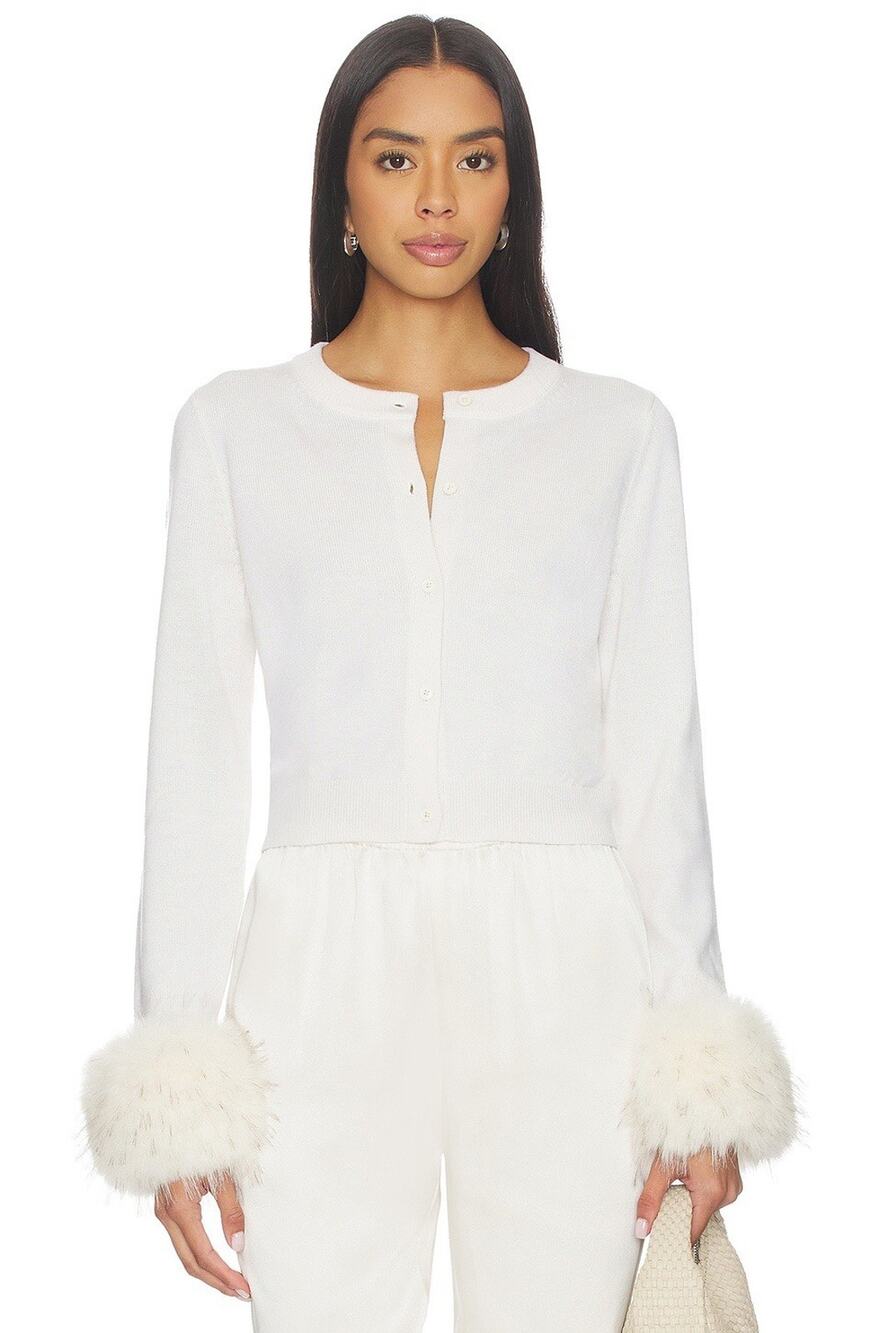 Alice + Olivia Dollie Faux Fur Cuff Wool Cardigan In Soft White